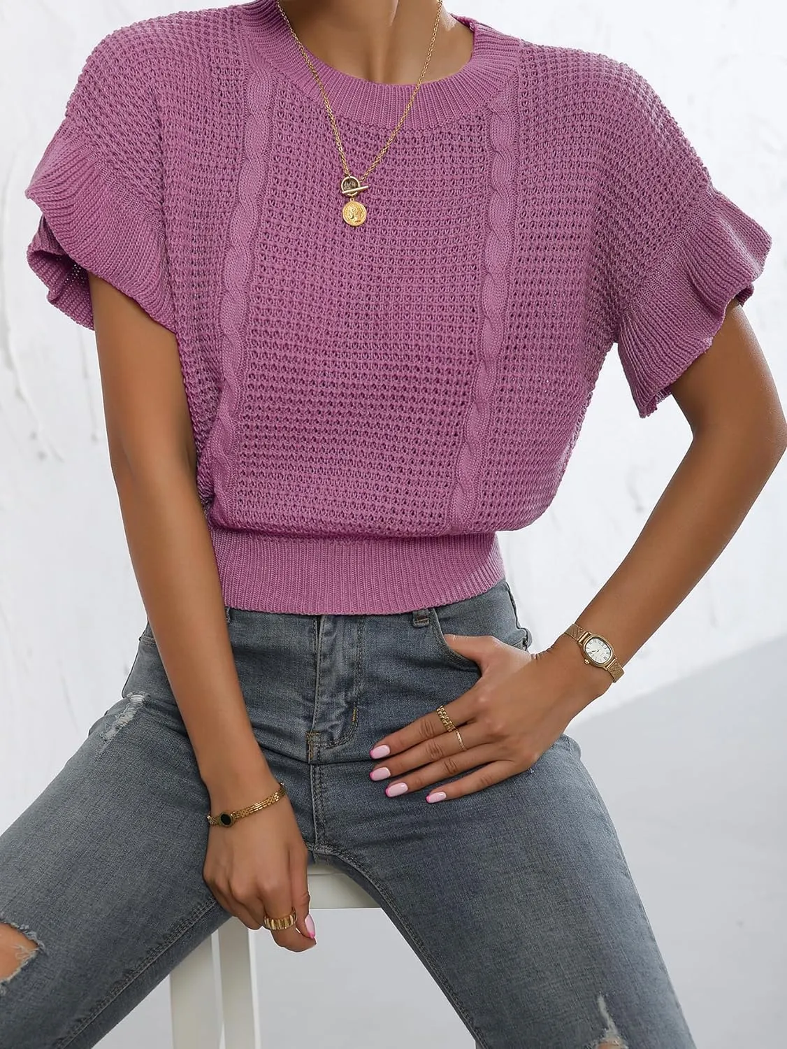 Women's Knit Ruffled Sleeve Sweater Top