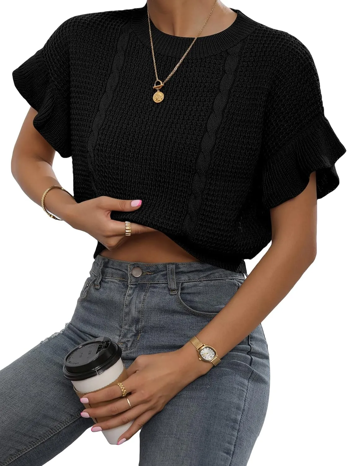 Women's Knit Ruffled Sleeve Sweater Top