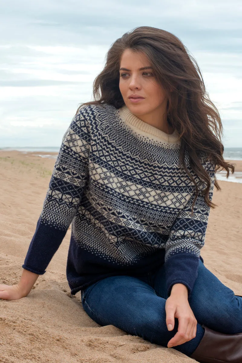 Womens Lace Fair Isle Tunic Jumper - navy