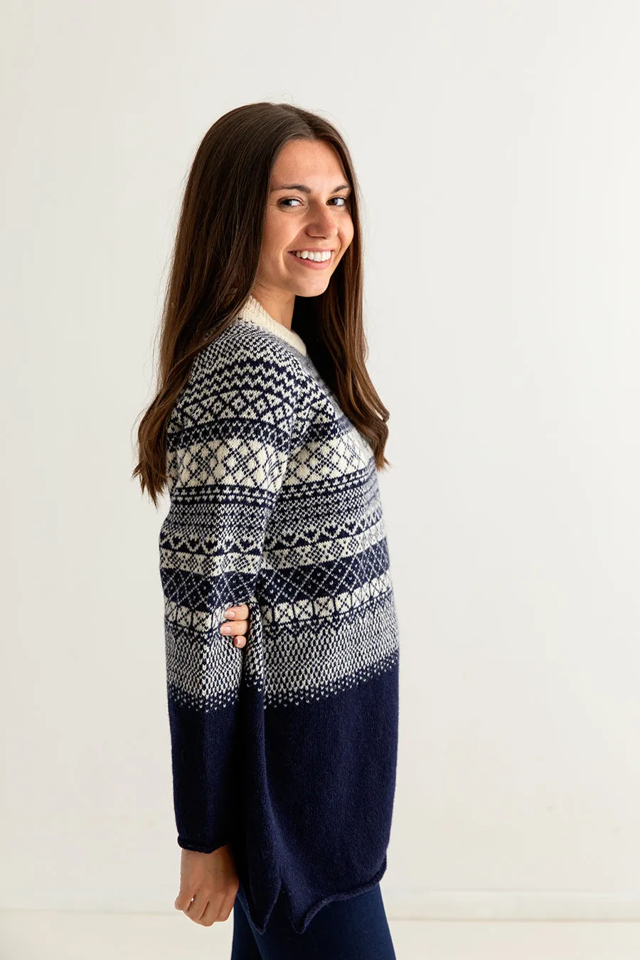 Womens Lace Fair Isle Tunic Jumper - navy