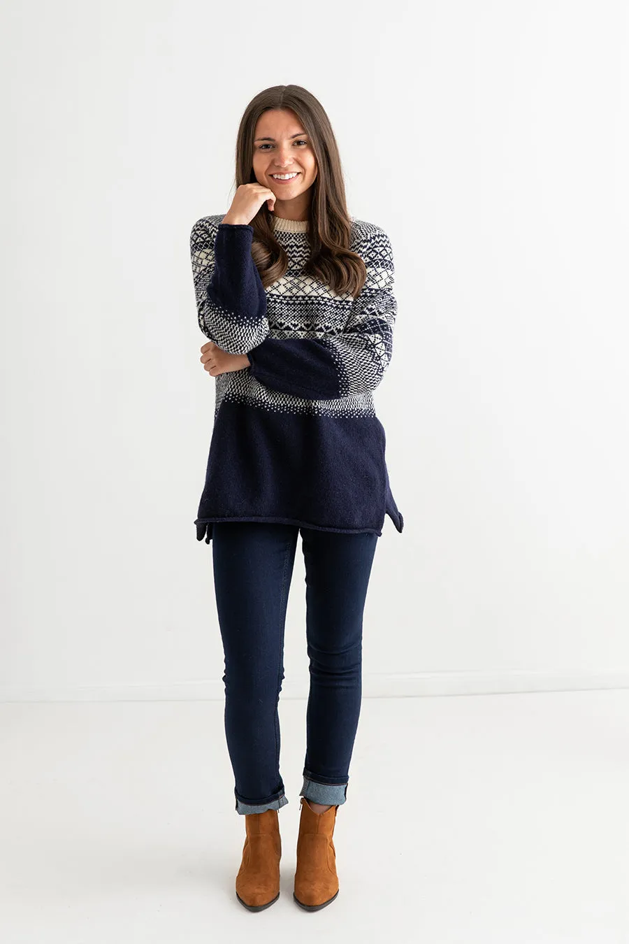 Womens Lace Fair Isle Tunic Jumper - navy