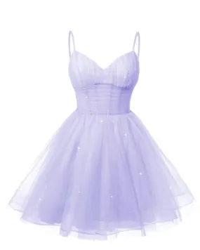 Women's V Neck Tulle Spaghetti Straps Lilac Homecoming Dresses with Corset Back Short Prom Gowns for Teens