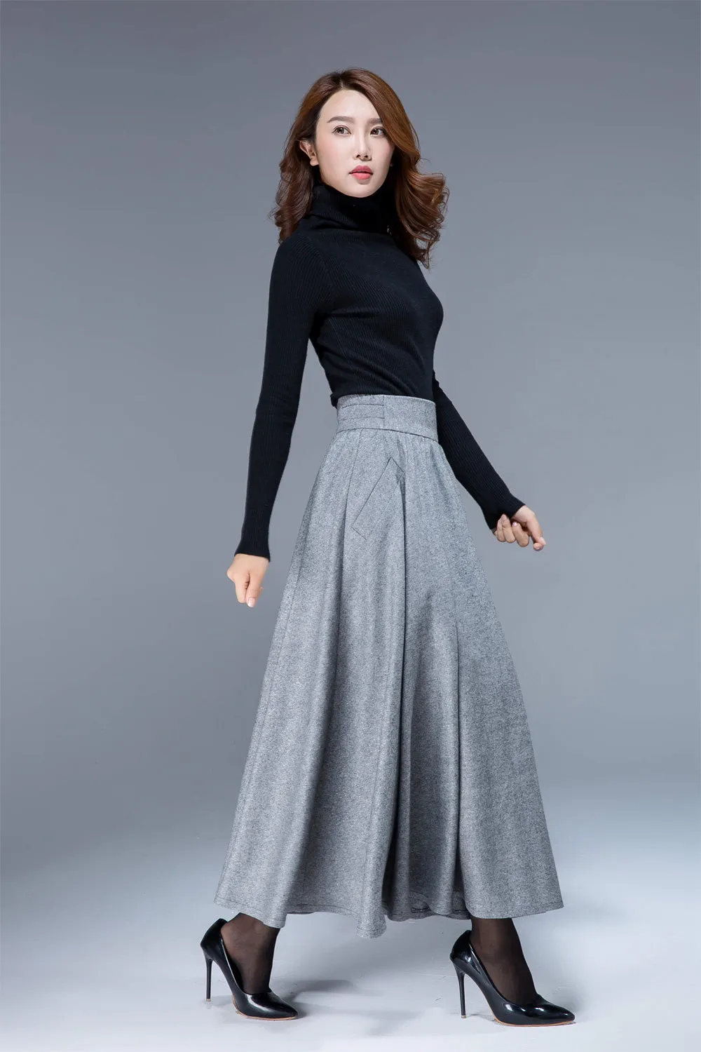 wool pleated skirt, gray skirt, elastic waist skirt, full skirt, flowy skirt, pockets skirt 1793