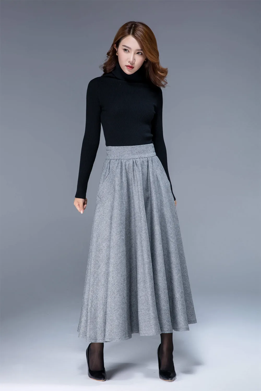 wool pleated skirt, gray skirt, elastic waist skirt, full skirt, flowy skirt, pockets skirt 1793